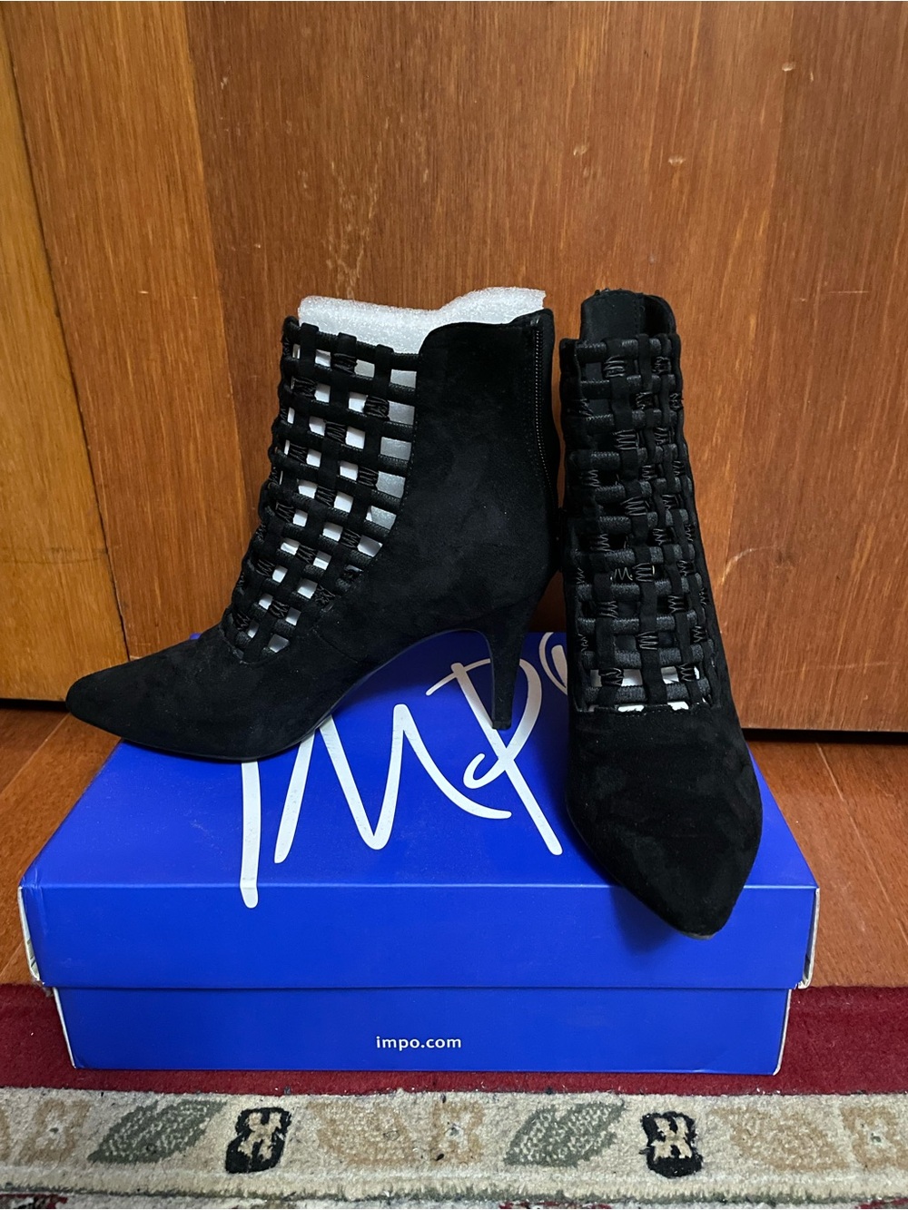 Impo Black Suede Woven Lattice Ankle Booties